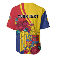 Baseball jersey back with 'YOUR TEXT', Romanian eagle, roses, and crest; yellow/red/blue