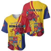 Set of two baseball jerseys, front and back, Romanian eagle and roses; yellow/red/blue
