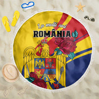 Round personalized Romania beach blanket with eagle and roses, yellow red blue, white fringe
