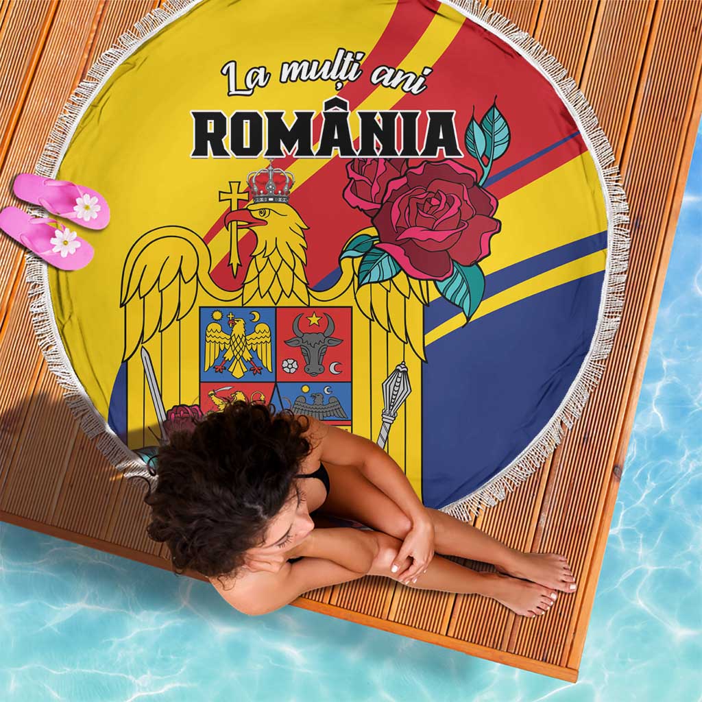 Round Romania beach blanket with eagle crest and roses graphic, yellow red blue, white fringe