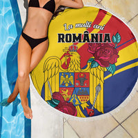 Round Romania beach blanket with eagle, roses, and shield design, yellow red blue, white fringe