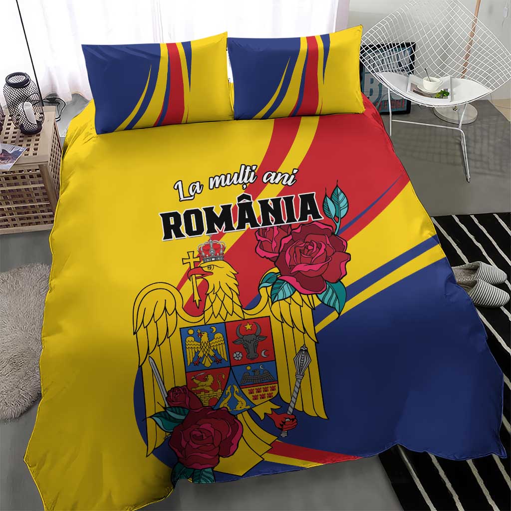 Yellow and blue Romania duvet and pillow set with roses, eagle crest, and shield artwork.