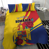 Yellow and blue Romania duvet and pillow set with roses, eagle crest, and shield artwork.