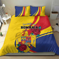 Yellow and blue Romania bedding set with roses, eagle crest graphic, and two pillowcases.