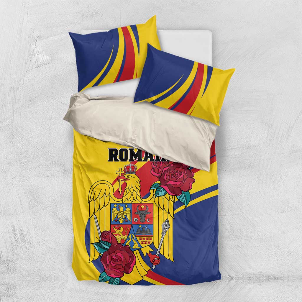 Romania bedding set with yellow and blue duvet, roses and eagle crest, two pillowcases.
