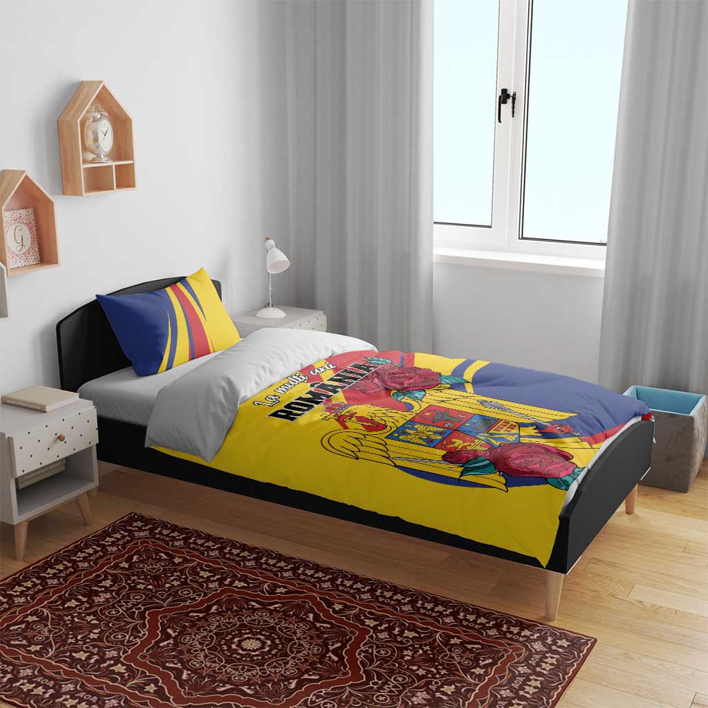Yellow and blue Romania bedding set with roses and eagle crest motif, includes two pillowcases.