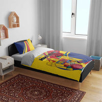 Yellow and blue Romania bedding set with roses and eagle crest motif, includes two pillowcases.
