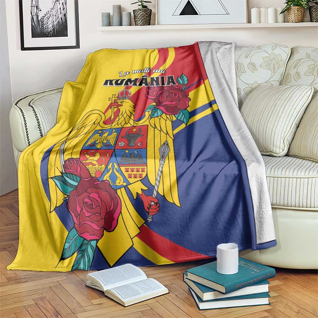 Yellow, blue and red decorative blanket with Romania emblem and roses graphic