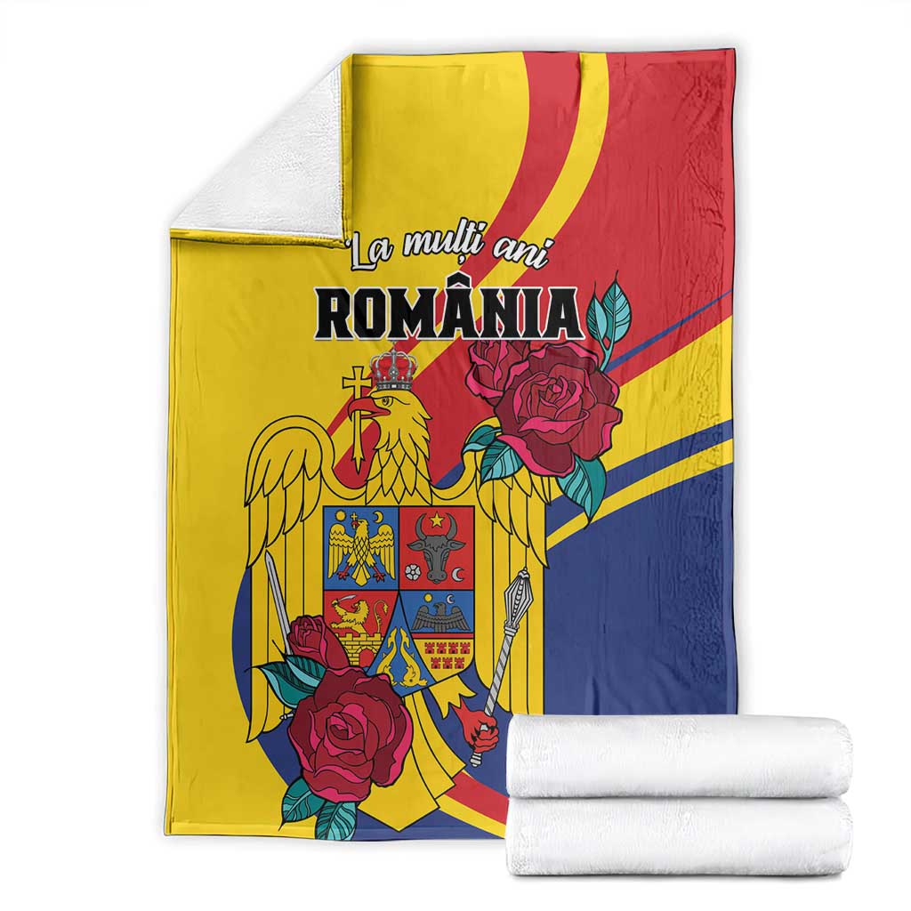 Yellow, blue and red Romania-themed blanket with rose and winged crest design