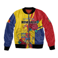 Unisex bomber jacket with yellow, blue, and red paneling; eagle and rose graphic front