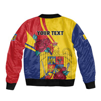 Unisex bomber jacket with red and blue sleeves; yellow back text and eagle rose graphic