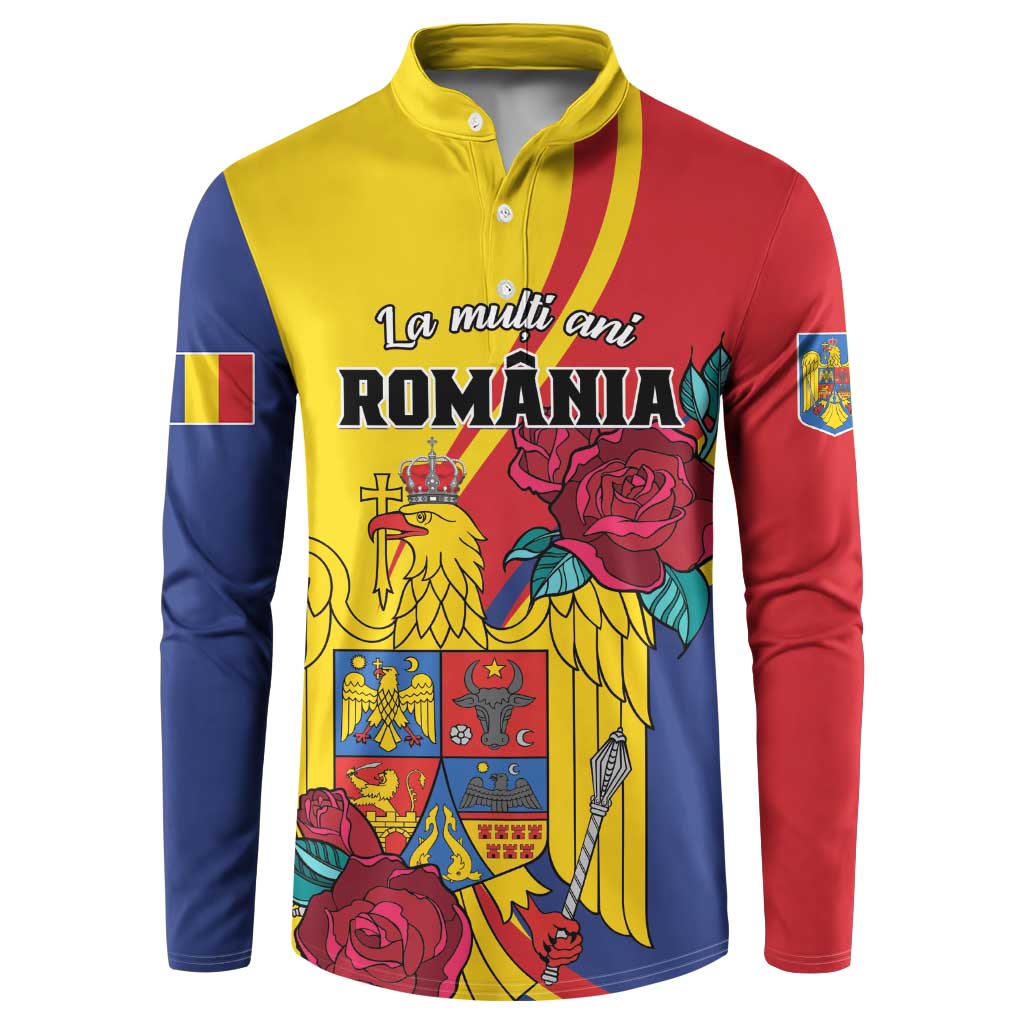 Personalized button sweatshirt with eagle-and-rose graphic, yellow collar, red/blue/yellow