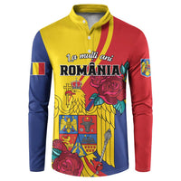 Personalized button sweatshirt with eagle-and-rose graphic, yellow collar, red/blue/yellow