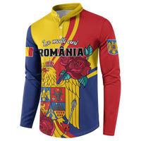 Personalized button sweatshirt with Romania eagle and rose graphic, yellow collar, multicolor
