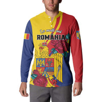 Personalized button sweatshirt front with Romania eagle and roses, yellow collar, multicolor
