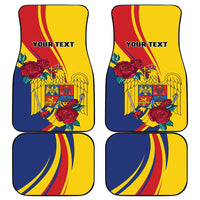 Four car floor mat designs: yellow, blue, red striping with “YOUR TEXT” and eagle/rose print