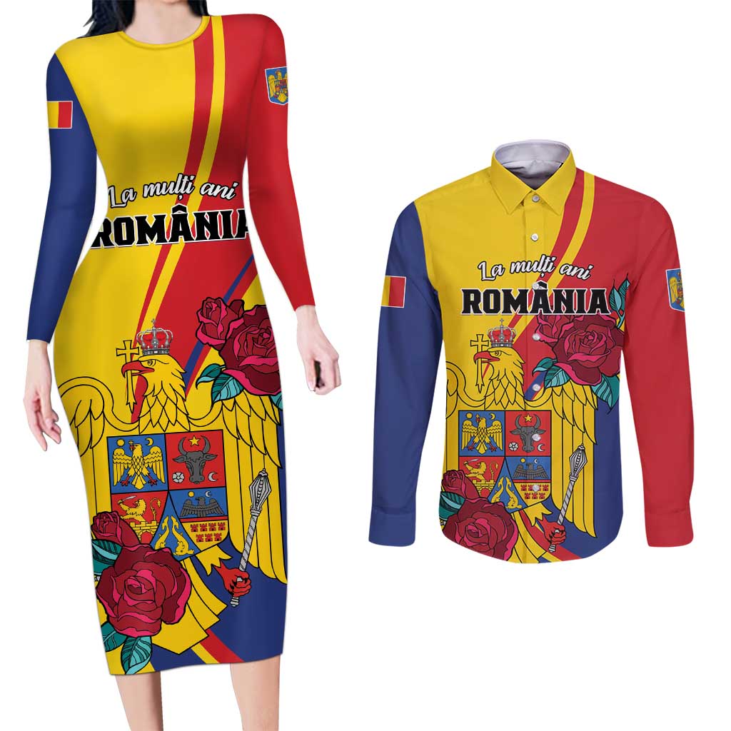 Personalized Romania Independence Day Couples Matching Long Sleeve Bodycon Dress and Long Sleeve Button Shirt Golden Eagle With Roses - Wonder Print Shop