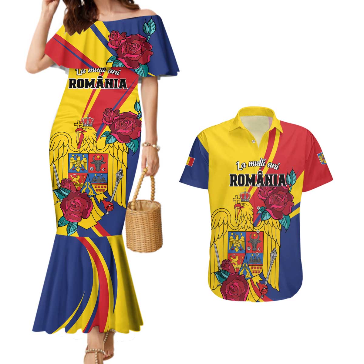 Personalized Romania Independence Day Couples Matching Mermaid Dress and Hawaiian Shirt Golden Eagle With Roses - Wonder Print Shop