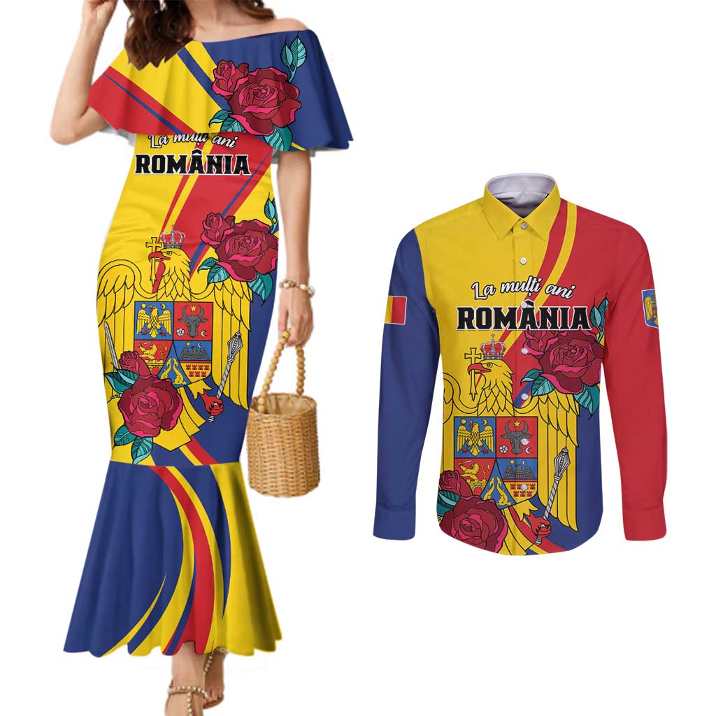 Personalized Romania Independence Day Couples Matching Mermaid Dress and Long Sleeve Button Shirt Golden Eagle With Roses