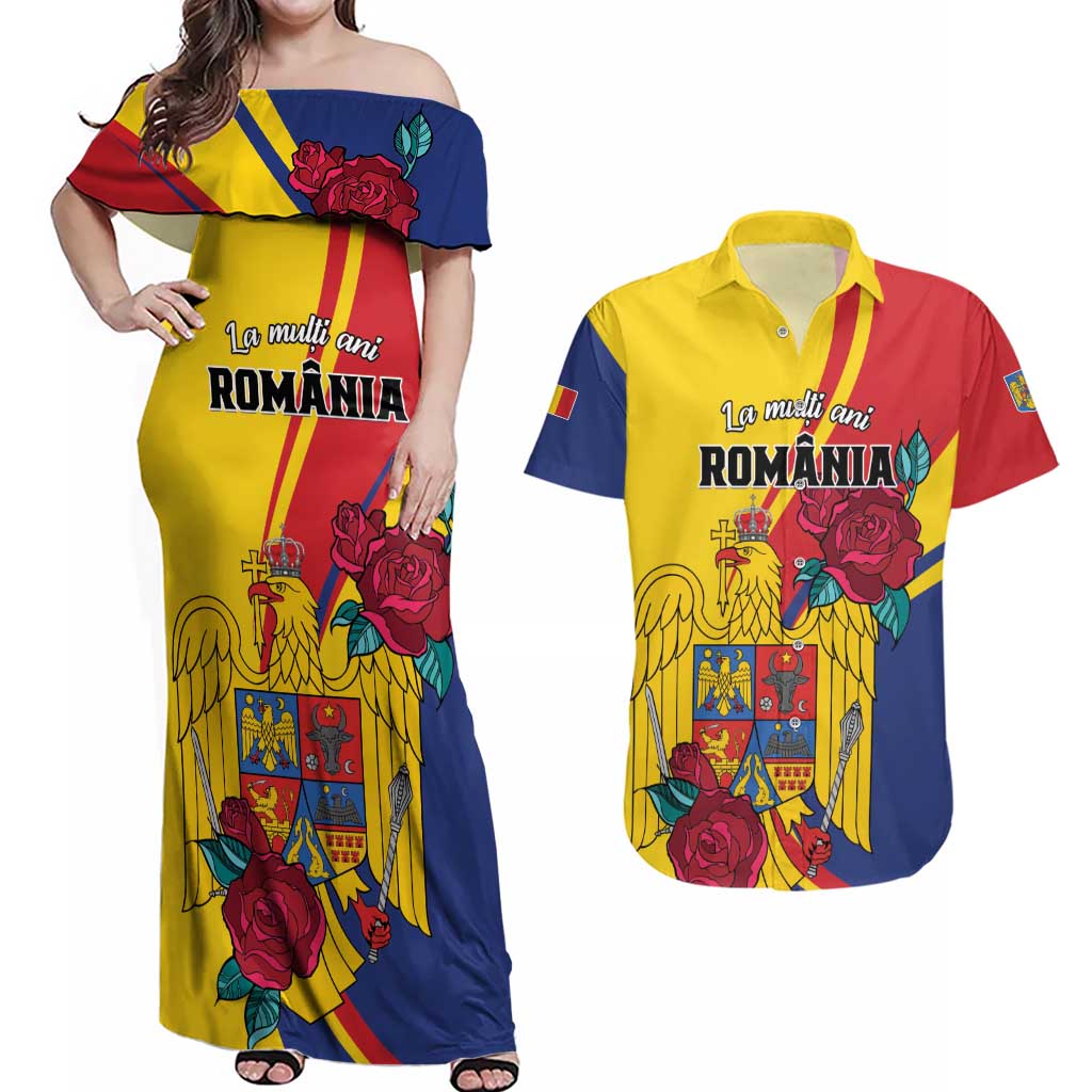 Personalized Romania Independence Day Couples Matching Off Shoulder Maxi Dress and Hawaiian Shirt Golden Eagle With Roses - Wonder Print Shop