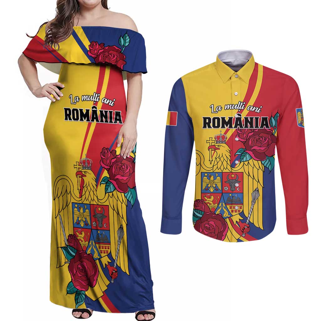 Personalized Romania Independence Day Couples Matching Off Shoulder Maxi Dress and Long Sleeve Button Shirt Golden Eagle With Roses - Wonder Print Shop