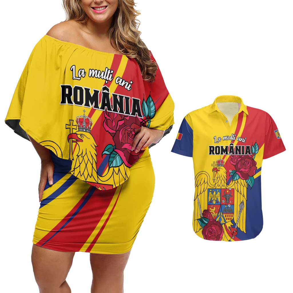 Personalized Romania Independence Day Couples Matching Off Shoulder Short Dress and Hawaiian Shirt Golden Eagle With Roses - Wonder Print Shop