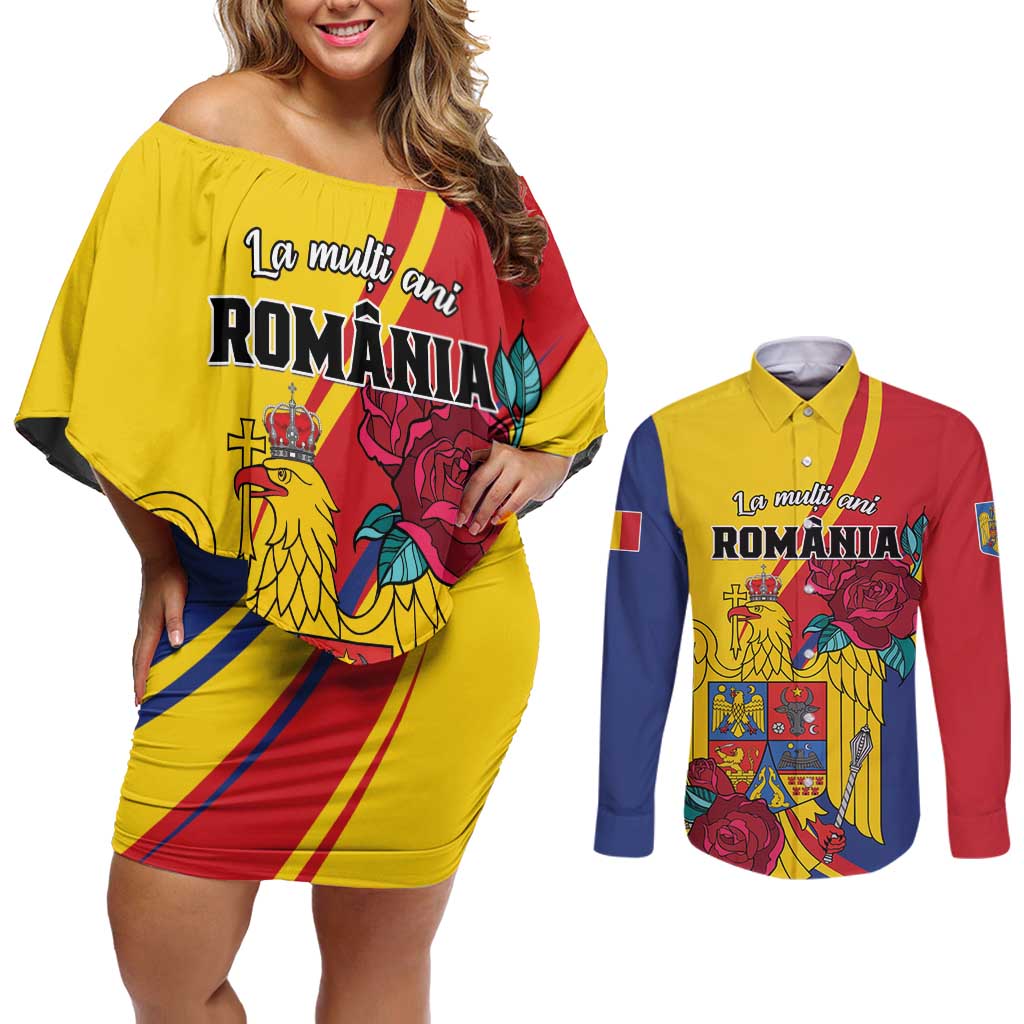 Personalized Romania Independence Day Couples Matching Off Shoulder Short Dress and Long Sleeve Button Shirt Golden Eagle With Roses - Wonder Print Shop