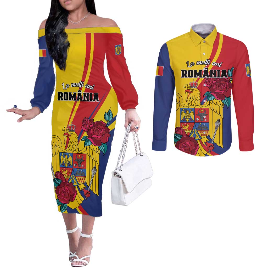 Personalized Romania Independence Day Couples Matching Off The Shoulder Long Sleeve Dress and Long Sleeve Button Shirt Golden Eagle With Roses