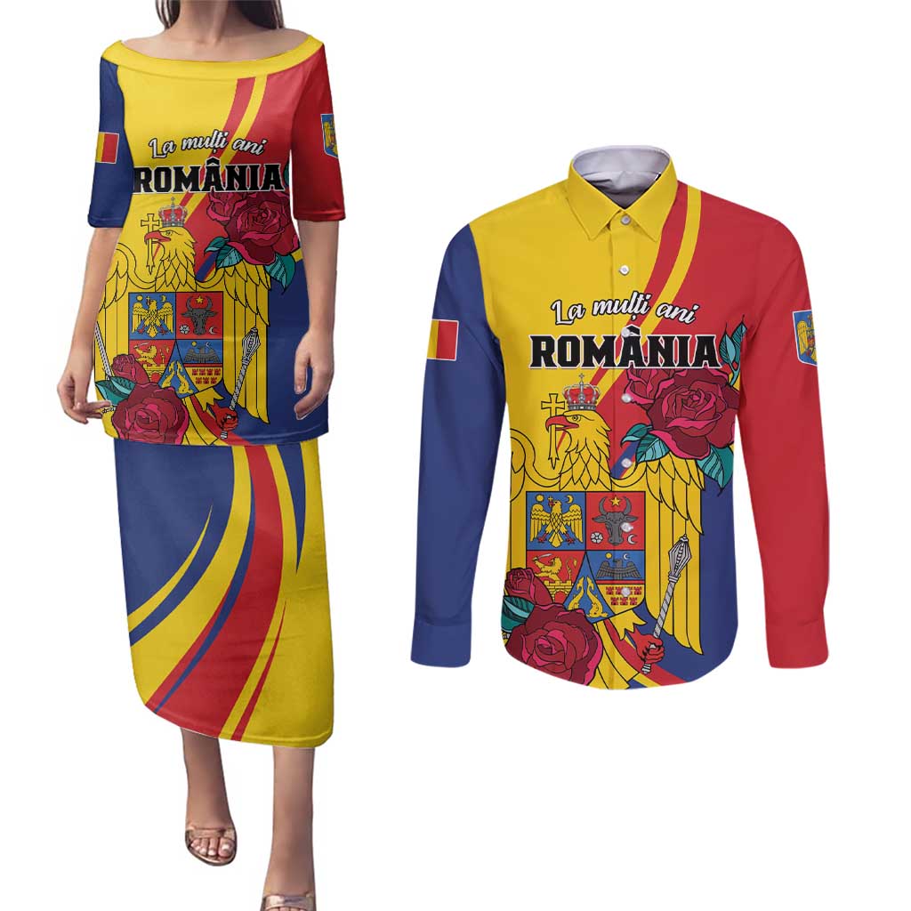 Personalized Romania Independence Day Couples Matching Puletasi and Long Sleeve Button Shirt Golden Eagle With Roses - Wonder Print Shop