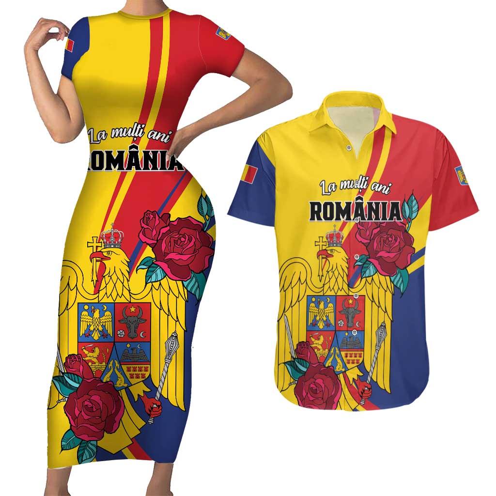 Personalized Romania Independence Day Couples Matching Short Sleeve Bodycon Dress and Hawaiian Shirt Golden Eagle With Roses - Wonder Print Shop