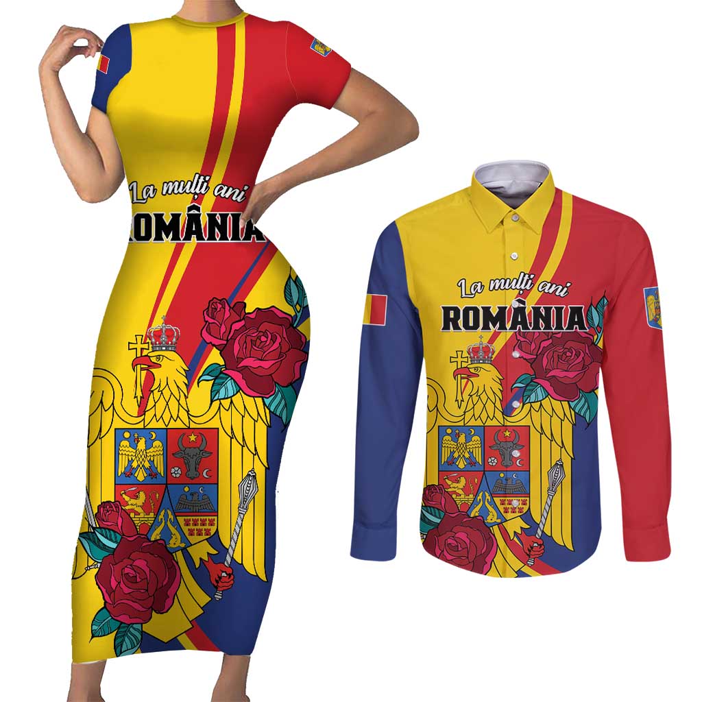 Personalized Romania Independence Day Couples Matching Short Sleeve Bodycon Dress and Long Sleeve Button Shirt Golden Eagle With Roses - Wonder Print Shop