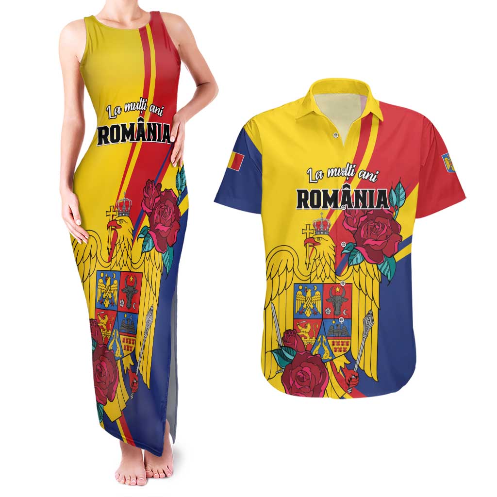 Personalized Romania Independence Day Couples Matching Tank Maxi Dress and Hawaiian Shirt Golden Eagle With Roses - Wonder Print Shop