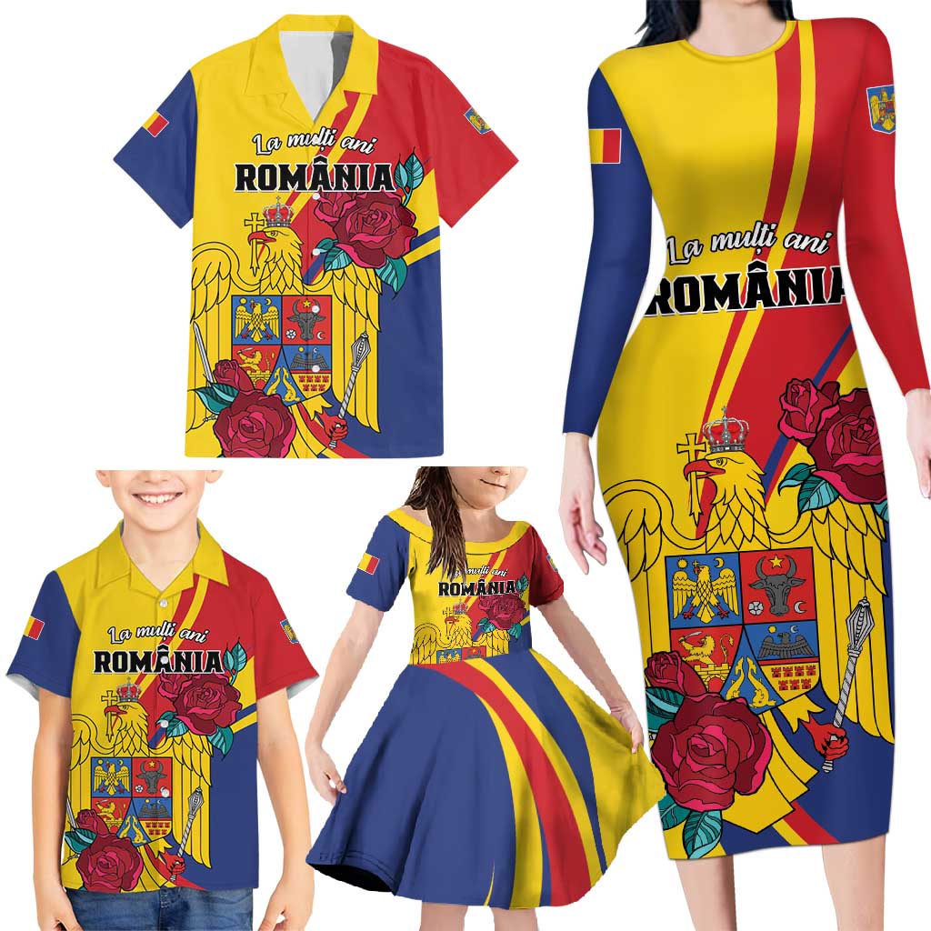 Personalized Romania Independence Day Family Matching Long Sleeve Bodycon Dress and Hawaiian Shirt Golden Eagle With Roses - Wonder Print Shop