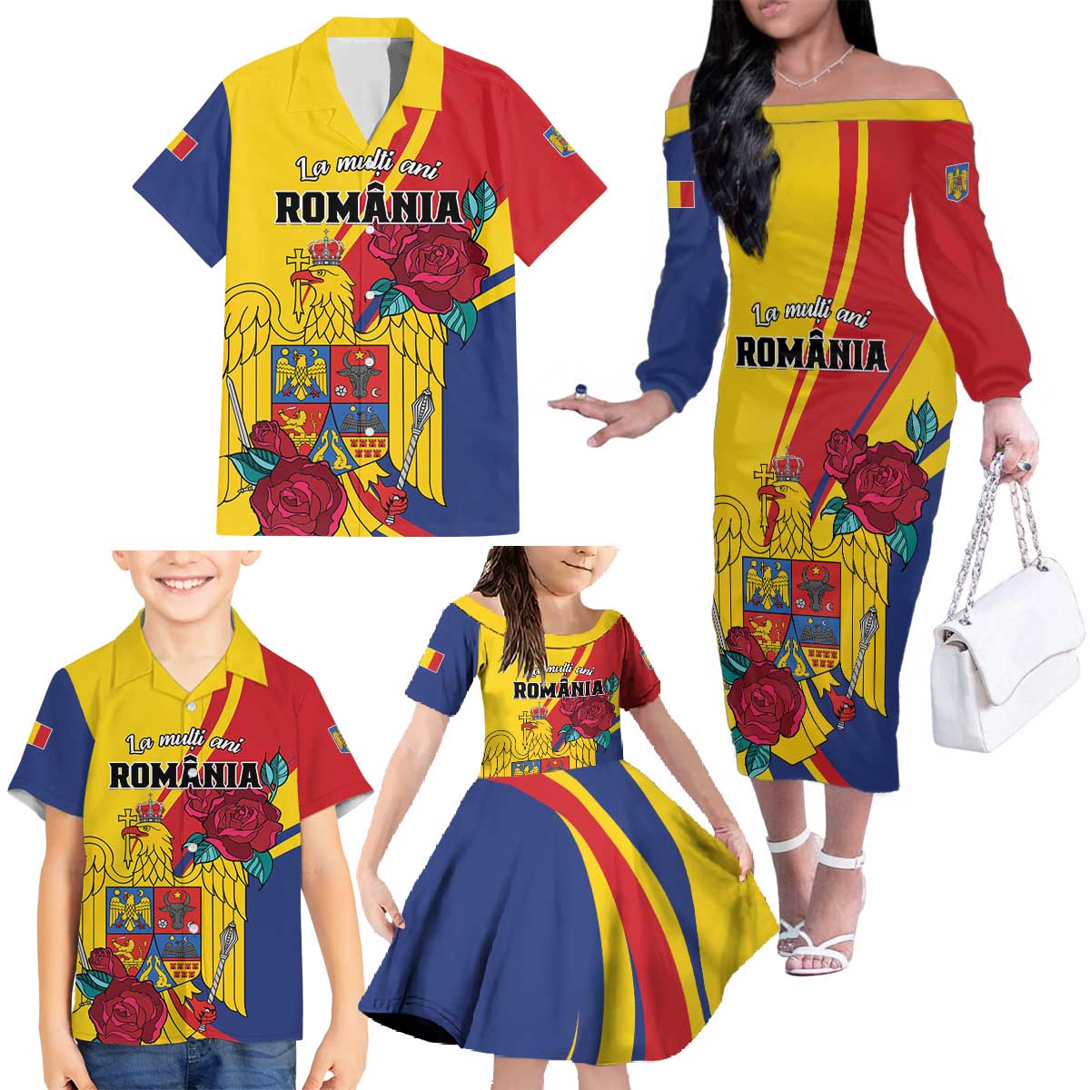 Personalized Romania Independence Day Family Matching Off The Shoulder Long Sleeve Dress and Hawaiian Shirt Golden Eagle With Roses - Wonder Print Shop