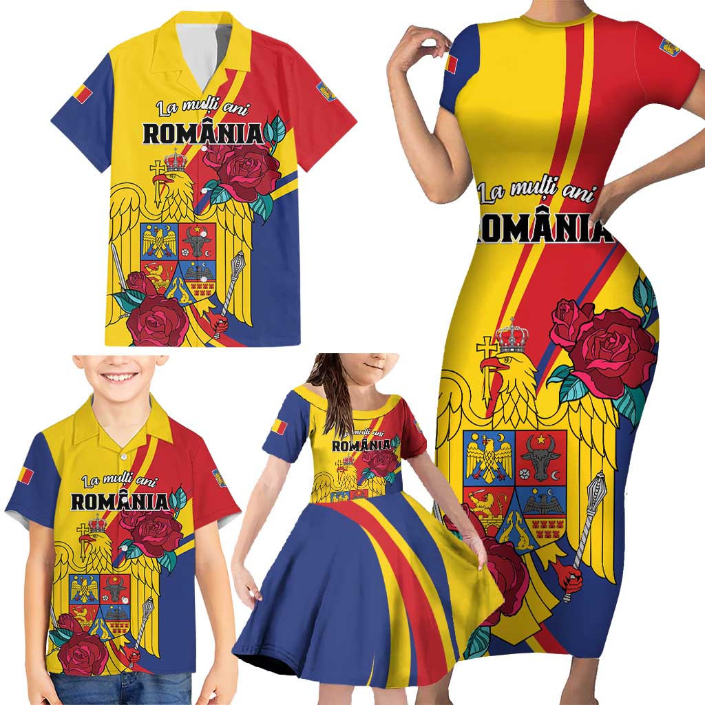 Personalized Romania Independence Day Family Matching Short Sleeve Bodycon Dress and Hawaiian Shirt Golden Eagle With Roses - Wonder Print Shop