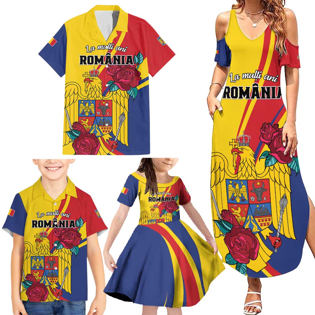 Personalized Romania Independence Day Family Matching Summer Maxi Dress and Hawaiian Shirt Golden Eagle With Roses - Wonder Print Shop