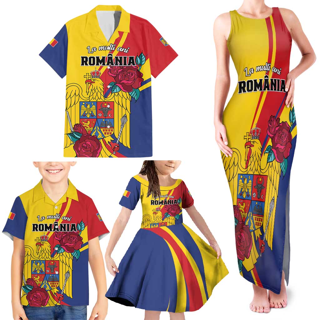 Personalized Romania Independence Day Family Matching Tank Maxi Dress and Hawaiian Shirt Golden Eagle With Roses - Wonder Print Shop