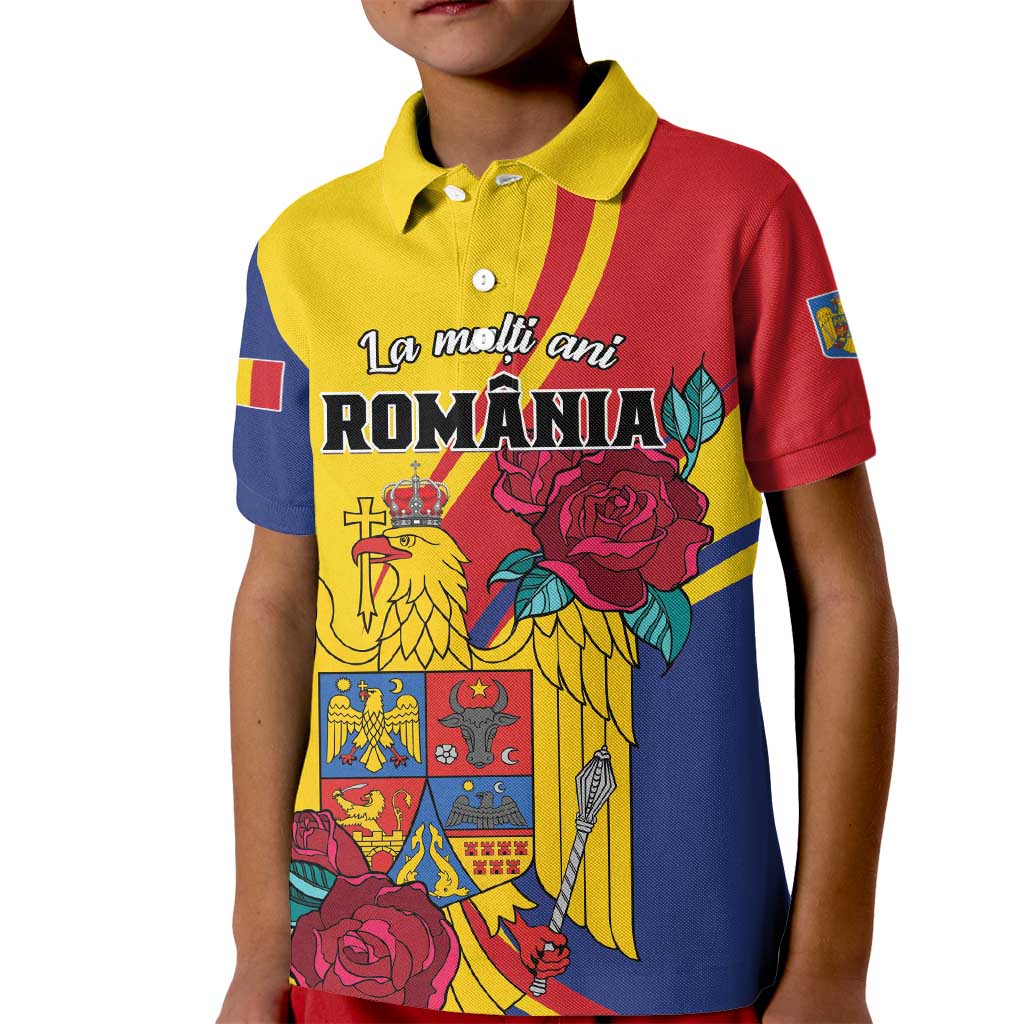 Personalized Romania Independence Day Kid Polo Shirt Golden Eagle With Roses - Wonder Print Shop