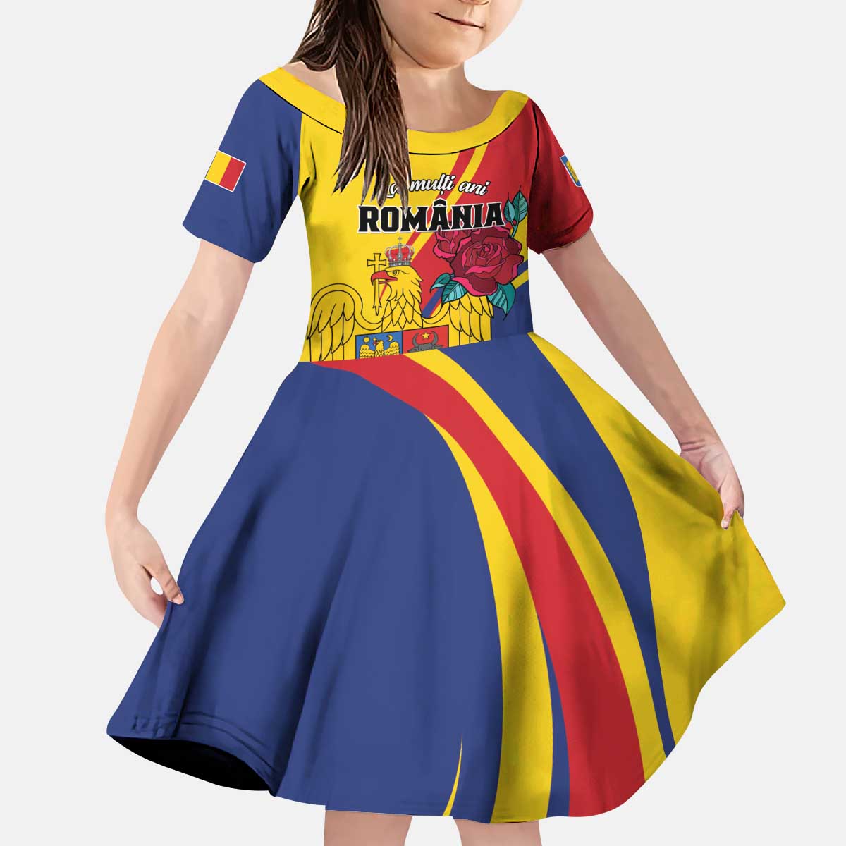 Personalized Romania Independence Day Kid Short Sleeve Dress Golden Eagle With Roses - Wonder Print Shop