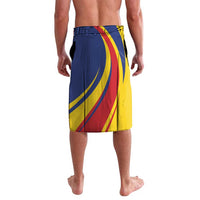 Blue, yellow, and red lava lava skirt with bold curved stripe pattern.