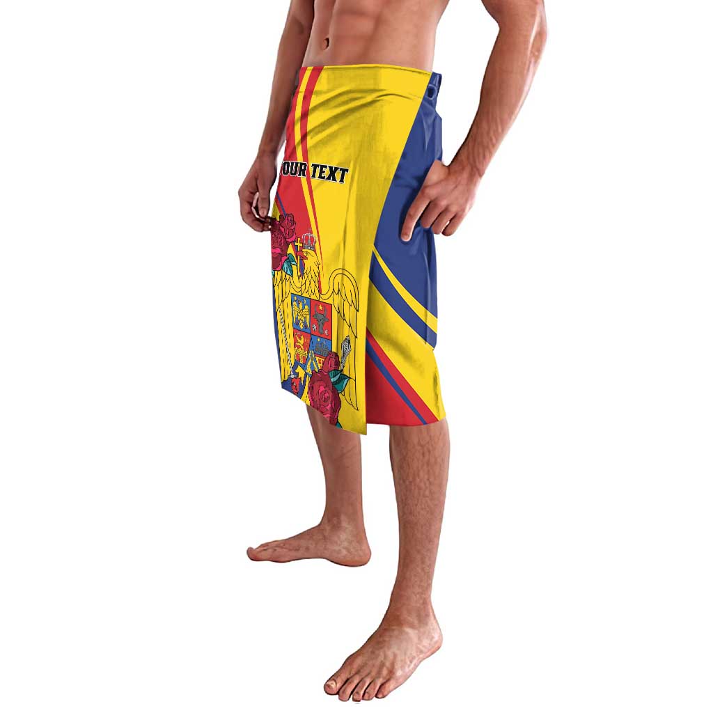 Yellow lava lava skirt with 'YOUR TEXT' panel and eagle/rose artwork, side view.