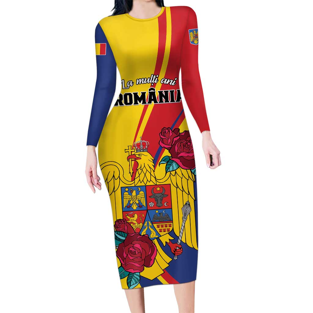 Personalized Romania Independence Day Long Sleeve Bodycon Dress Golden Eagle With Roses - Wonder Print Shop