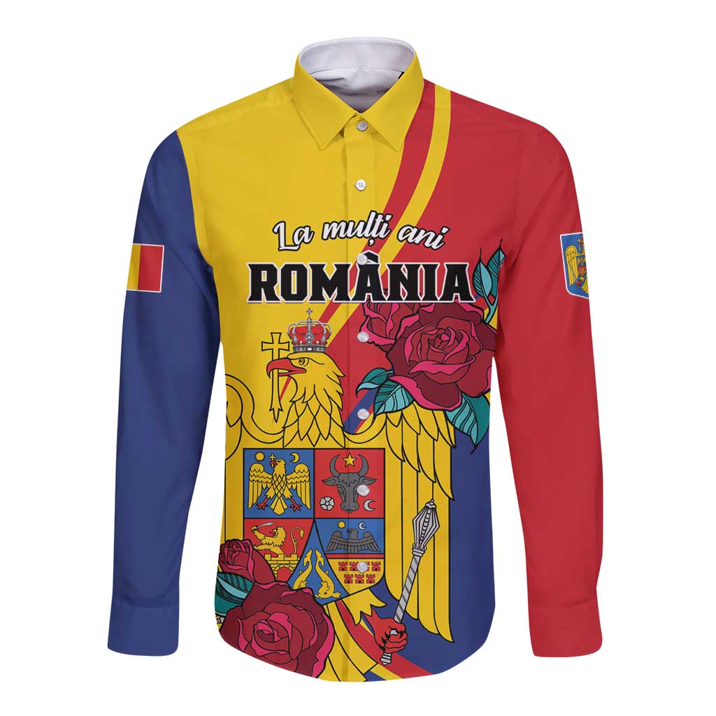 Long-sleeve button shirt in yellow, red, and navy with eagle and rose emblem front