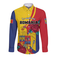 Long-sleeve button shirt in yellow, red, and navy with eagle and rose emblem front