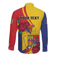 Long-sleeve button shirt with eagle crest and roses; red/yellow/navy back, blank text area