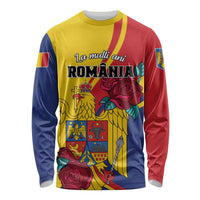 Unisex long sleeve shirt with Romania tricolor graphic, eagle and roses, “La multi ani”