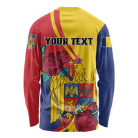 Unisex long sleeve shirt with Romania tricolor back, eagle crest, roses, “YOUR TEXT”