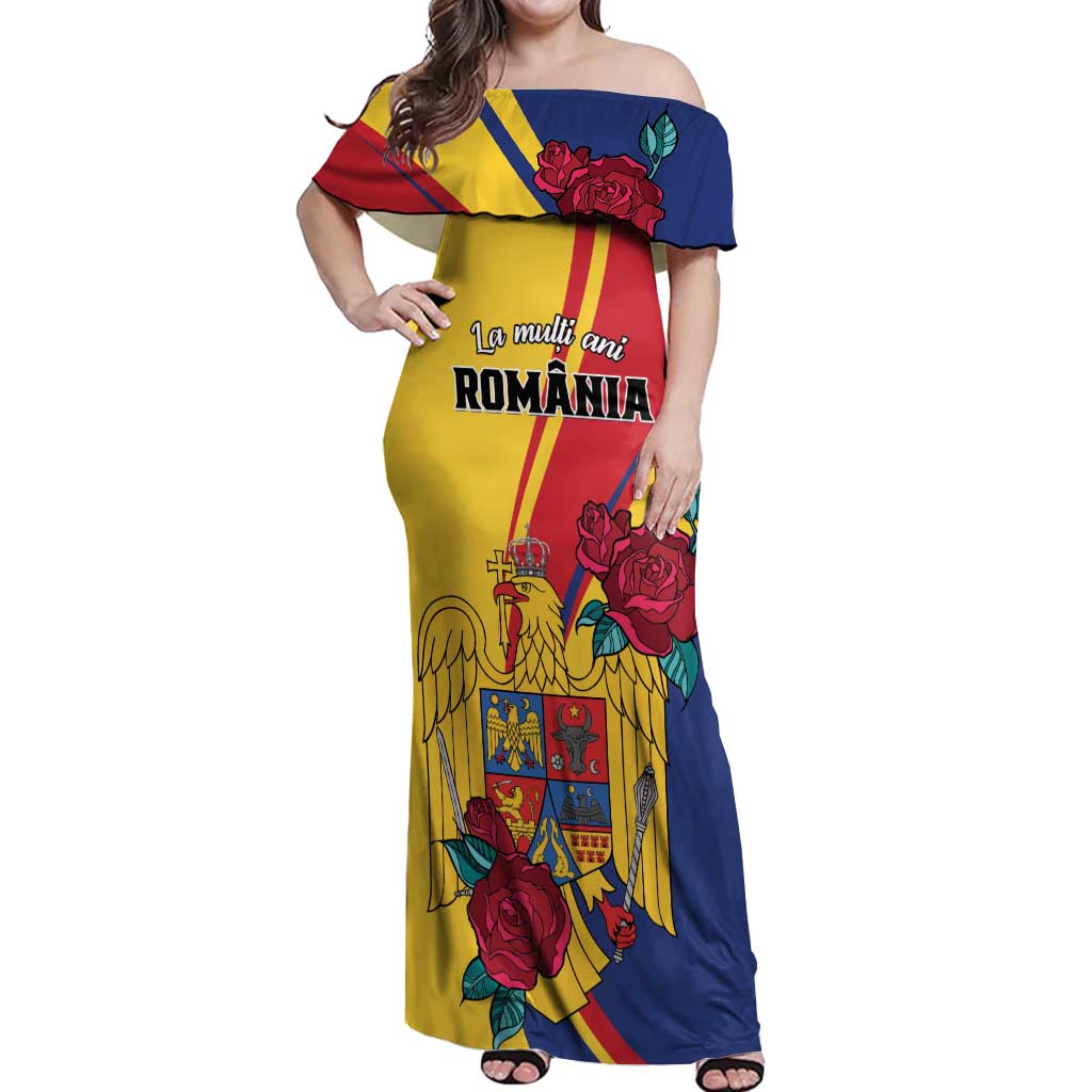 Personalized Romania Independence Day Off Shoulder Maxi Dress Golden Eagle With Roses - Wonder Print Shop