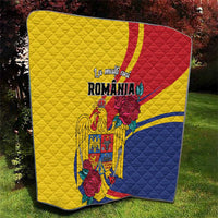Personalized Romania independence day quilt, yellow top with red curve and blue bottom, quilted.