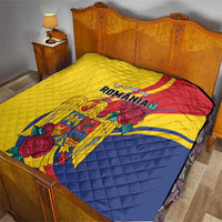 Personalized Romania independence day quilt on bed, yellow-blue-red tricolor with eagle and roses.
